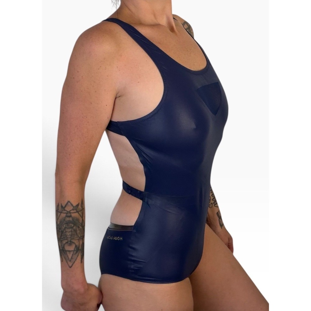 Lucas Hugh Designer Bodysuit Navy Cutout Open Back Iridescent Metallic Cyber M